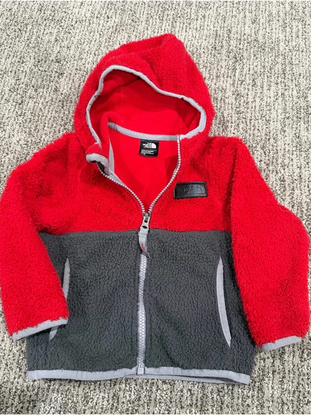 The North Face Kids Red and Gray Hooded Sherpa Fleece Jacket